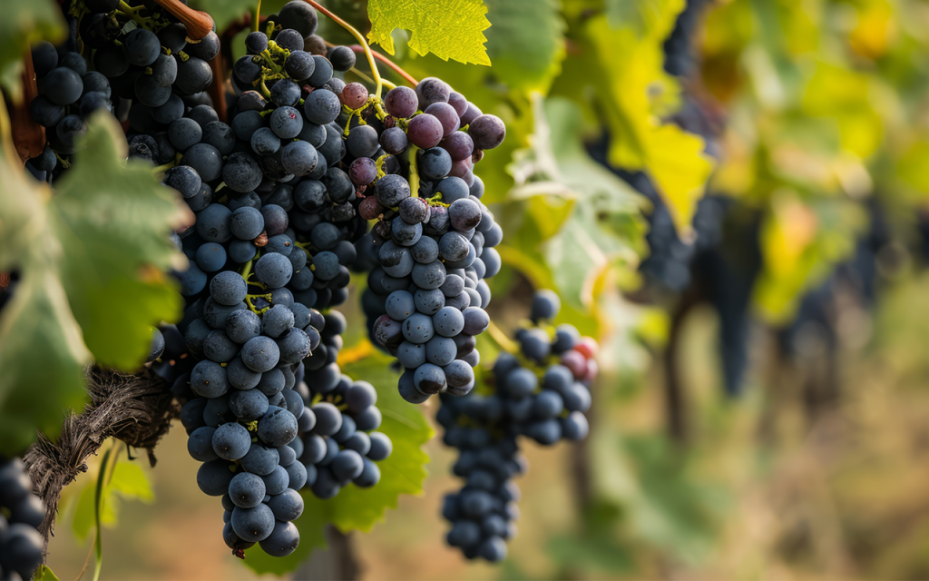 Vindruvor som hänger på ett träd, druvor som skapar eleganta, kraftfulla och fruktiga viner