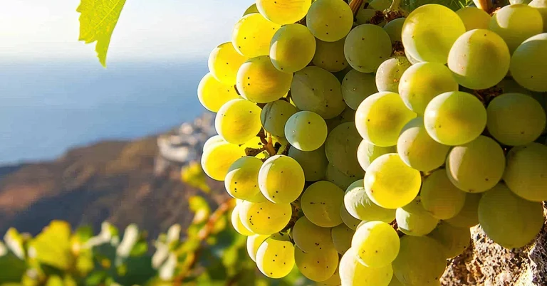 Vindruva Assyrtiko som hänger framför vatten och berg.
