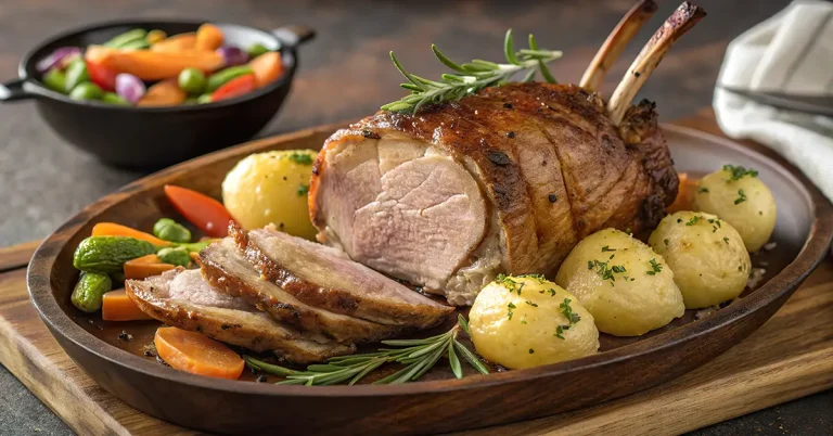 Kött med potatis och grönsaker på en tallrik.