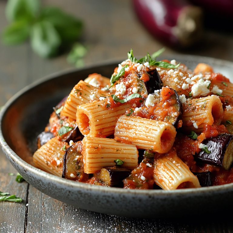 pasta alla norma serverad på en mörk tallrik