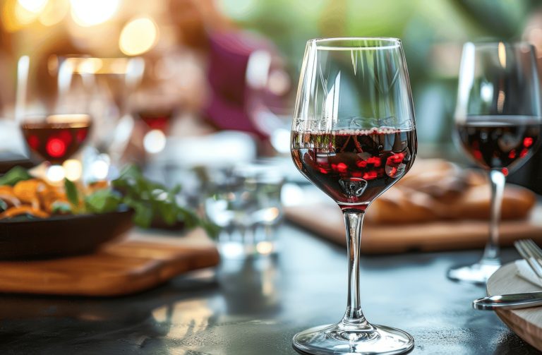 Ett härligt uppdukat bord med mat och ett glas rödvin i fokus